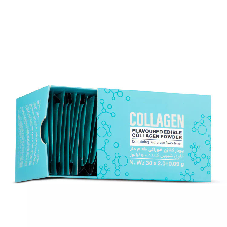 پودر کلاژن خوراکی طعم دار حاوی شیرین کننده سوکرالوز بسته 30عددی (تاریخ جدی